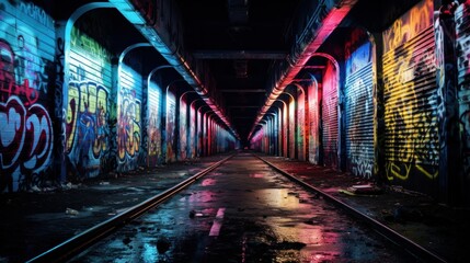 An empty, graffiti-covered subway tunnel  - obrazy, fototapety, plakaty