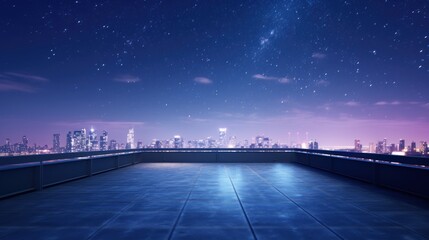 An empty, minimalist rooftop terrace with a clear night sky full of stars
