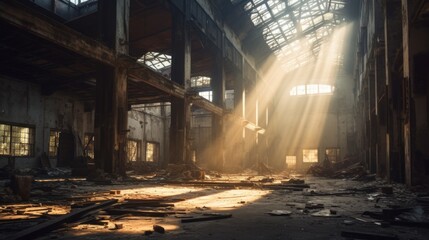 An abandoned industrial warehouse, soft, diffused sunlight streaming through the roof