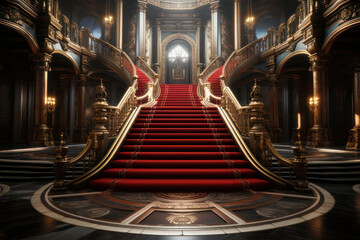 Red carpet on the stairs in the palace. AI generative. - obrazy, fototapety, plakaty