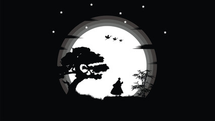 Obraz premium illustration vector graphic of Ninja, Assassin, Samurai training at night on a full moon. Perfect for wallpaper, poster, etc.
