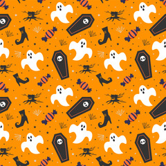 Halloween coffin and ghost pattern. Seamless pattern background