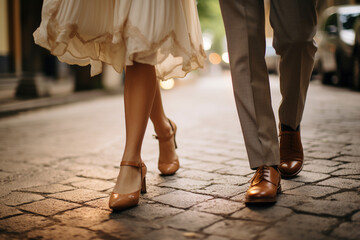 Close up photo of young people in nice stylish shoes going to wedding ceremony made with generative AI