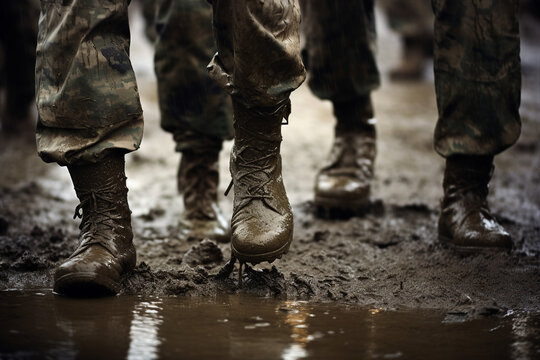 Close up photo of military legs on the battlefield ground made with generative AI