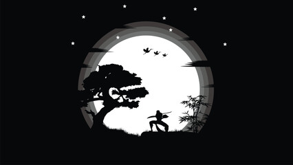 illustration vector graphic of Ninja, Assassin, Samurai training at night on a full moon. Perfect for wallpaper, poster, etc. © Muhammad Latif