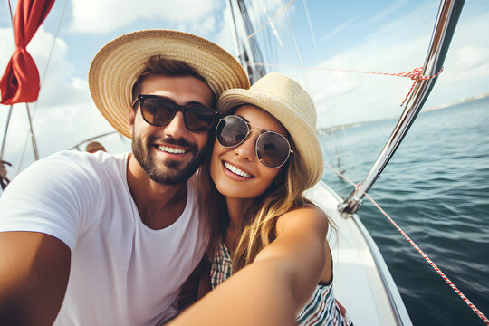 Happy couple of lovers enjoying sail boat trip experience in the ocean - Boyfriend and girlfriend taking selfie picture outside on summer vacation