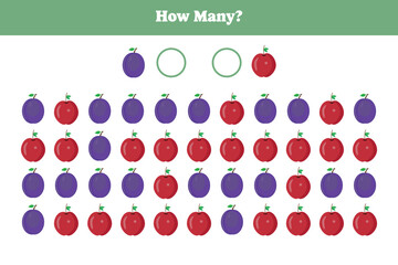 How many fruit are there? Educational math game for kids. Printable worksheet design for preschool, kindergarten or elementary kids.