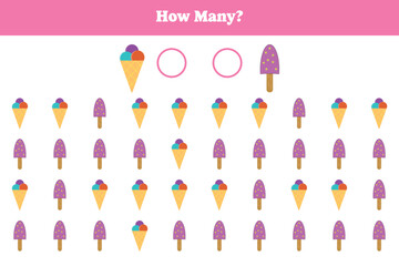 How many ice cream are there? Educational math game for kids. Printable worksheet design for preschool, kindergarten or elementary kids.