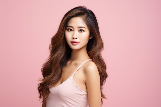 AI generated photo of an attractive beautiful young woman model with long healthy hair isolated on pink color background