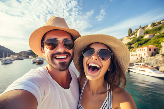 Happy couple of travellers taking selfie picture on holiday - Young man and woman having fun on summer vacation - Two friends enjoying summertime moment - Life style and travel concept