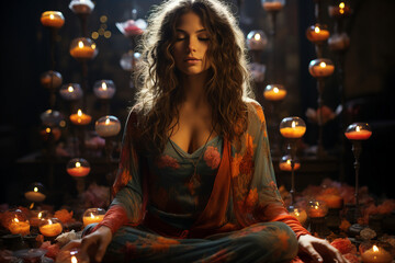 Generative AI image of female person meditating enjoying calmness atmosphere