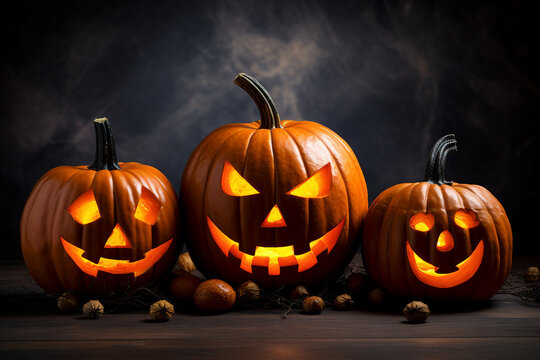 Generative AI picture wallpaper background with halloween pumpkins