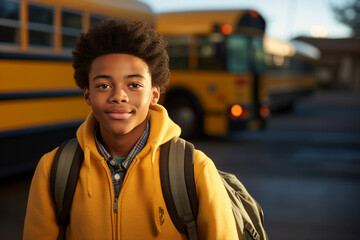 Fototapeta premium Portrait generative AI of african american teenage boy student after getting off of bus
