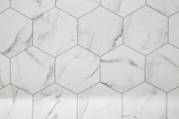 white marble wall with hexagon tiles for texture and background - obrazy, fototapety, plakaty