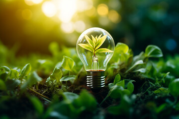 Conceptual picture of a light bulb on green nature fresh leaf energy sources generative AI - obrazy, fototapety, plakaty
