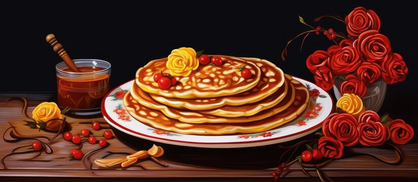 Traditional Russian meal for Shrovetide celebration featuring pancakes wooden utensils with Khokhloma painting and rushnik Ideal for greeting cards or posters with ample space for copy