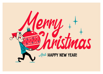 Vintage Style Christmas Greetings Card - Merry Christmas and Happy New Year 2024 - Vector Illustration. - 652832902