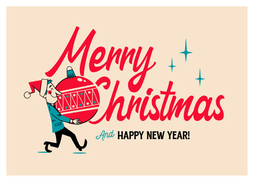 Vintage Style Christmas Greetings Card - Merry Christmas and Happy New Year 2024 - Vector Illustration.