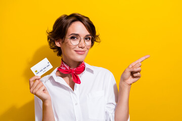 Photo of beautiful young woman model white shirt kerchief select mastercard payment finger direct...