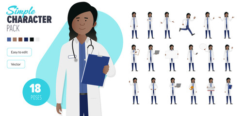 Simple flat black female doctor woman vector character in a set of multiple poses. Easy to edit and isolated on a white background. Modern trendy style character mega pack with lots of poses. 