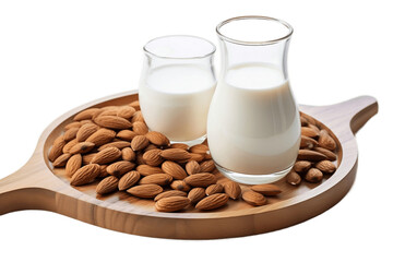 Almond Milk and Almonds Presented on a Wooden Plate on the transparent background - Generative AI	