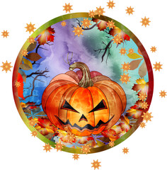 Halloween Kürbis im herbstlichen Ambiente mit Herbstlaub und warmen Farbtönen