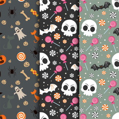 Halloween patterns collection with candy and skull