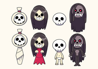 Flat Skeleton Indonesian Ghosts Halloween Characters Collection - Vector, Pocong, Kuntilanak, Tuyul, Genderuwo