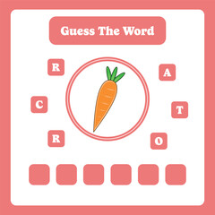 Guess the word. Carrot vector. Educational spelling game for kids. Learning vocabulary. Printable worksheet for children. Preschool, kindergarten or elementary age activity page.