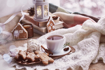 Cozy winter morning at snowy day. Aesthetic windowsill. Atmospheric warm home with books, gingerbread cookies, marshmallow, cup of coffee background