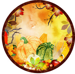 leuchtend bunter Herbst Rahmen mit Kürbisse und Herbstlaub im Aquarell Stil