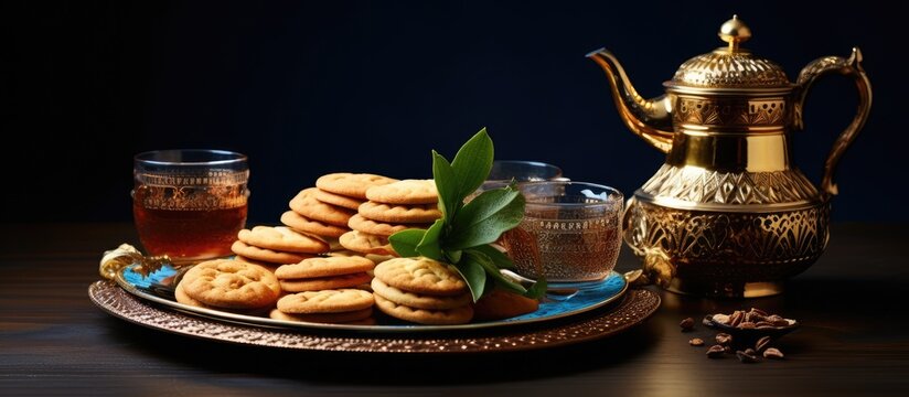Moroccan hospitality symbolized by a tray of Oriental tea cookies and traditional delights representing Islamic holidays Ramadan and Eid greetings