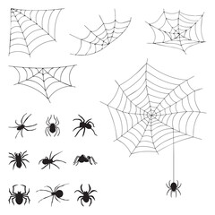Set of spider web and spiders isolated on white background