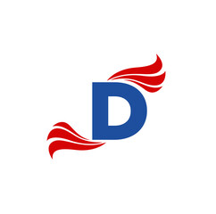 A vector illustration of D company name with the red wing