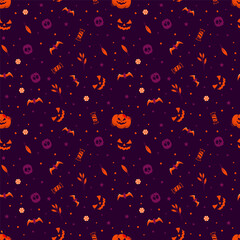 Dark background Halloween pattern with pumpkin skull and bats for wrapping papper.