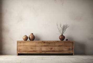 a side cabinet in natural wood with a vase - obrazy, fototapety, plakaty