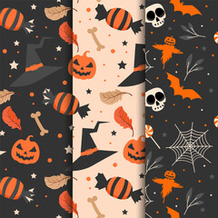 Halloween patterns collection with witch hat halloween candy and spiderwebs