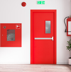 Fire exit door for emergency office. Building Emergency Exit with Exit Sign and Fire Extinguisher. Fire extinguisher cabinet in the hall of office building for preparing to prevent fire.