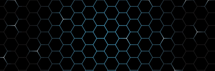 Dark hexagon abstract technology background with blue bright flashes under hexagon. Hexagonal gaming vector abstract tech background.