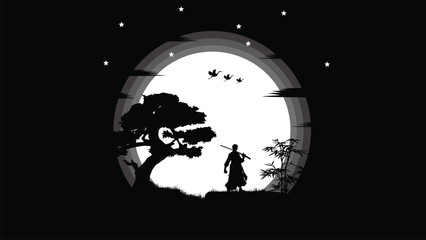 illustration vector graphic of Ninja, Assassin, Samurai training at night on a full moon. Perfect for wallpaper, poster, etc.