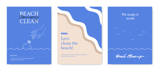 Beach cleanup background set. Volunteering eco cleaning. Picking up garbage banner. Coastal pollution poster, Plastic ocean. Trendy hand drawn doodle style. Flat design line vector illustration. - 652835722