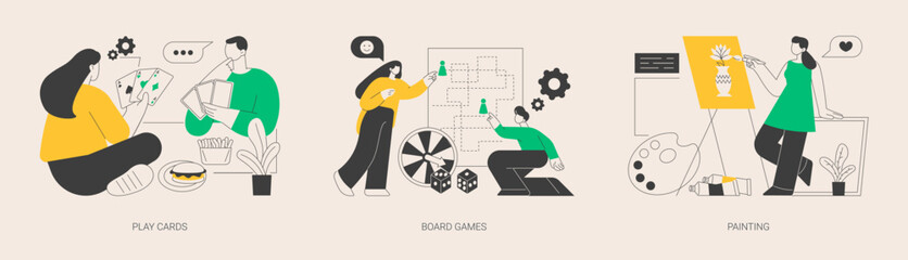 Social isolation free time spending abstract concept vector illustrations.