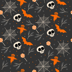 Dark halloween seamless pattern with scarecrow and spider net