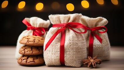 Fototapeta na wymiar Chocolate chip cookies in a sack with red ribbon and christmas lights