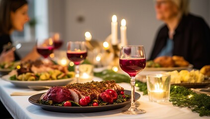 Close-up of a festive dinner table with a glass of wine.