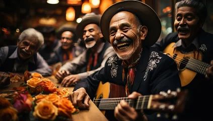 Fotobehang Mexican musicians playing guitar and singing in traditional mexican restaurant © Meow Creations