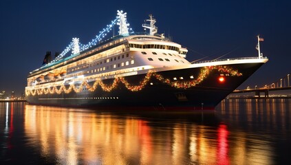 Cruise ship with christmas lights in the port - obrazy, fototapety, plakaty