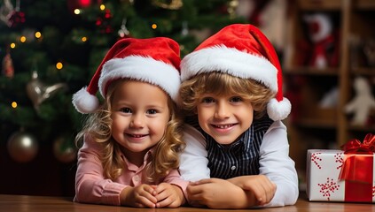 Fototapeta na wymiar Cute little children in Santa Claus hats looking at camera and smiling while sitting at table near Christmas tree