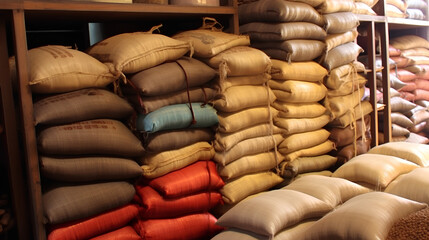 Warehouse with jute bags with coffee beans of different varieties from Kenya.