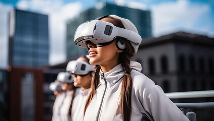 smiling asian woman in vr headset looking away